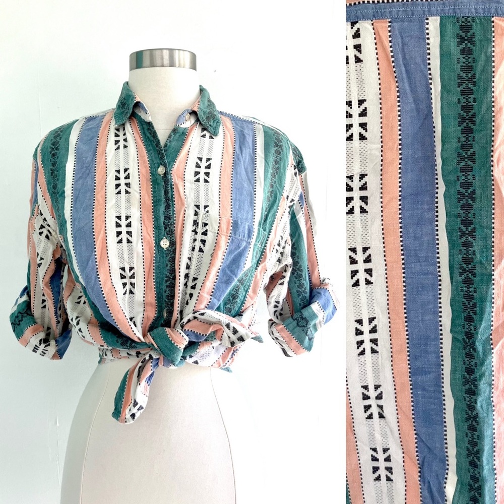 Vintage 80’s striped southwestern cotton button down shirt top blouse